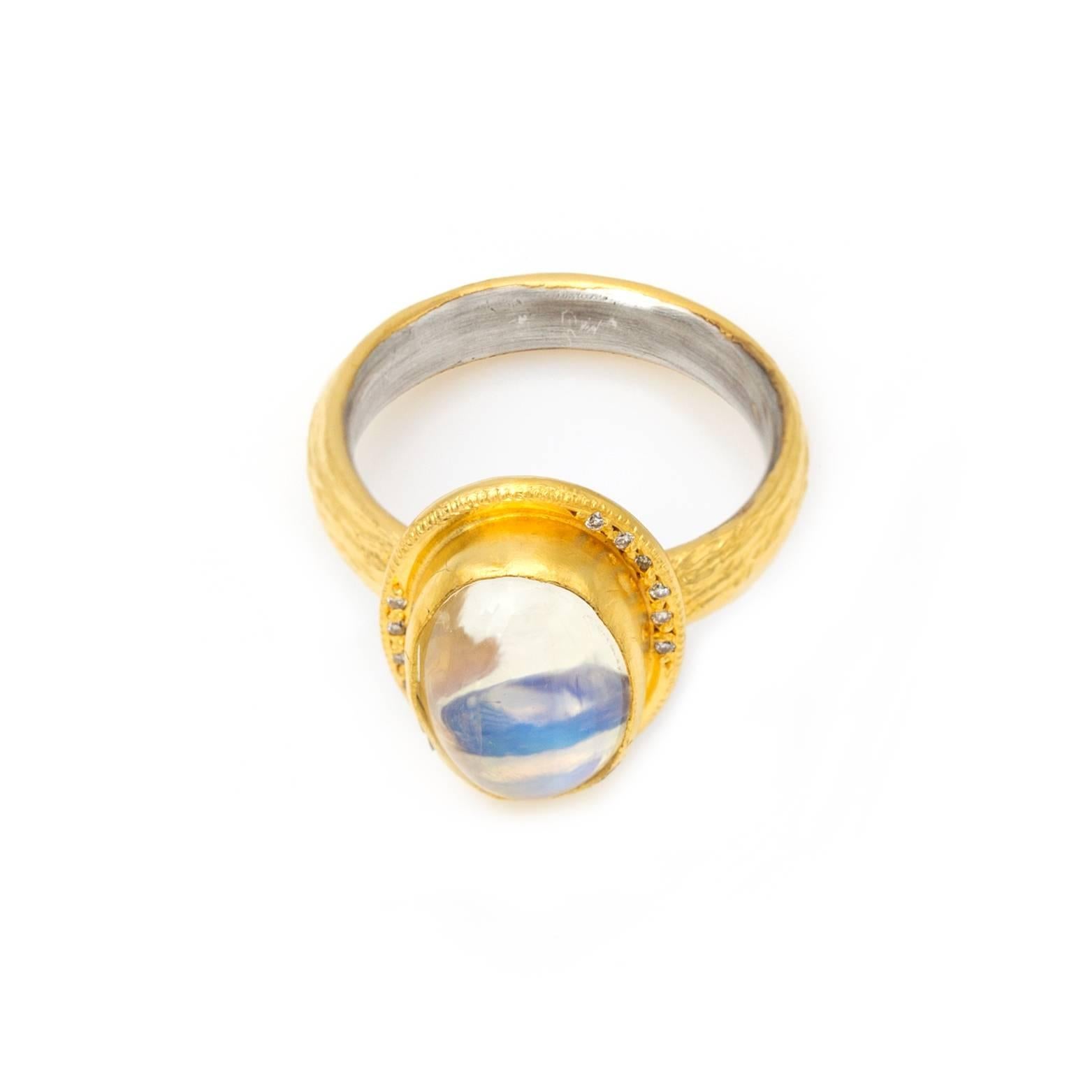 Modern Oval Moonstone with Diamond Accents Ring in Gold Vermiel