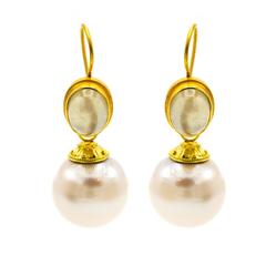 Fresh Water Pearl and Oval Moonstone Drop Earrings in Yellow Gold