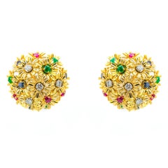 Tremblant Yellow Gold Earrings Flower with Diamonds Rubies Emeralds Sapphire