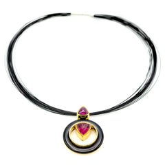 Trillion Pink Tourmaline Black Enamel Yellow Gold Pendant with Accent Diamonds 8