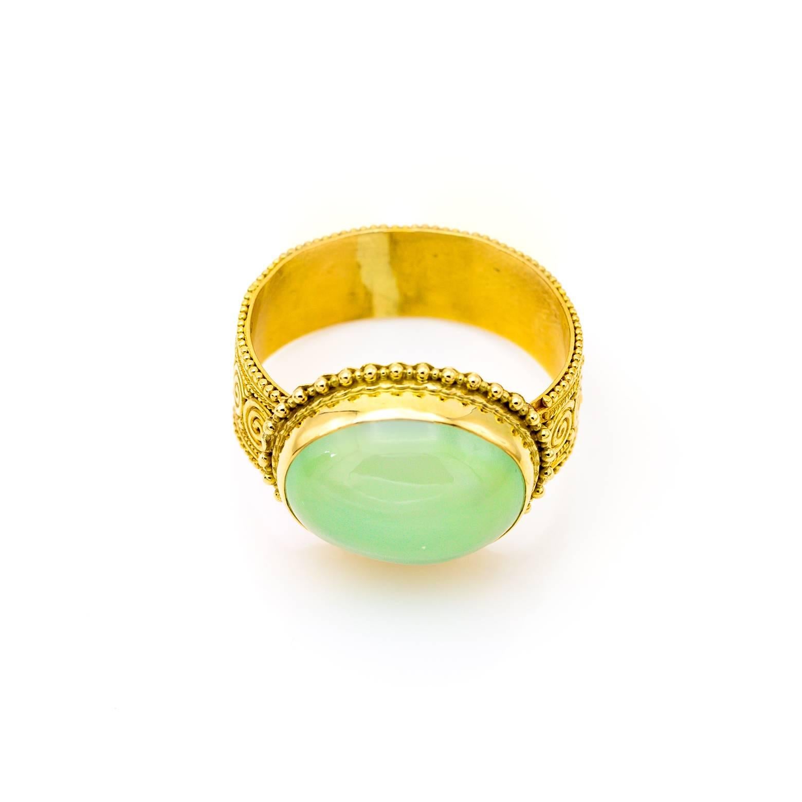 Etruscan Revival Chalcedony and 22 Karat Yellow Gold Granular Statement Ring