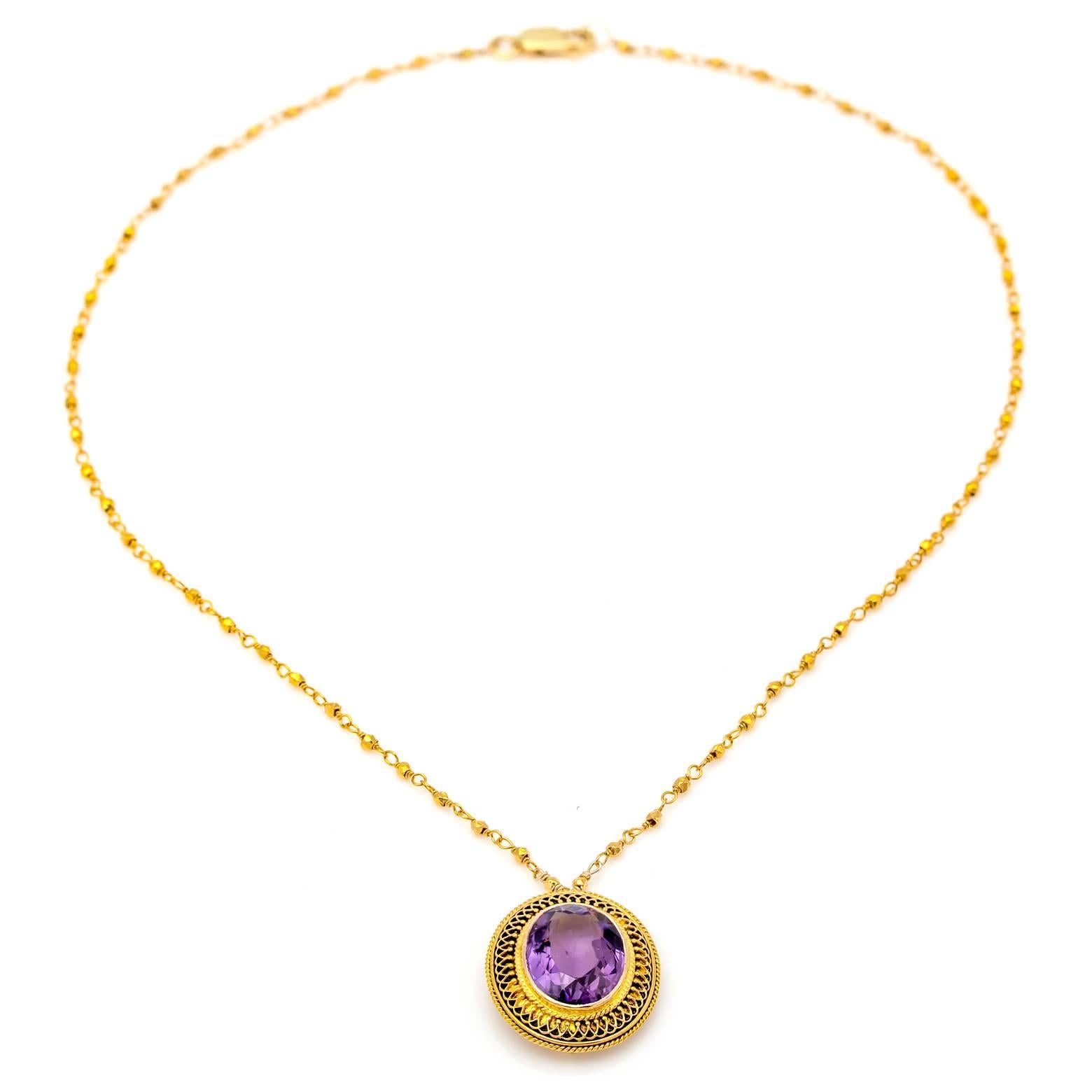 Amethyst Oval Set in 14 Karat Gold Filigree Necklace