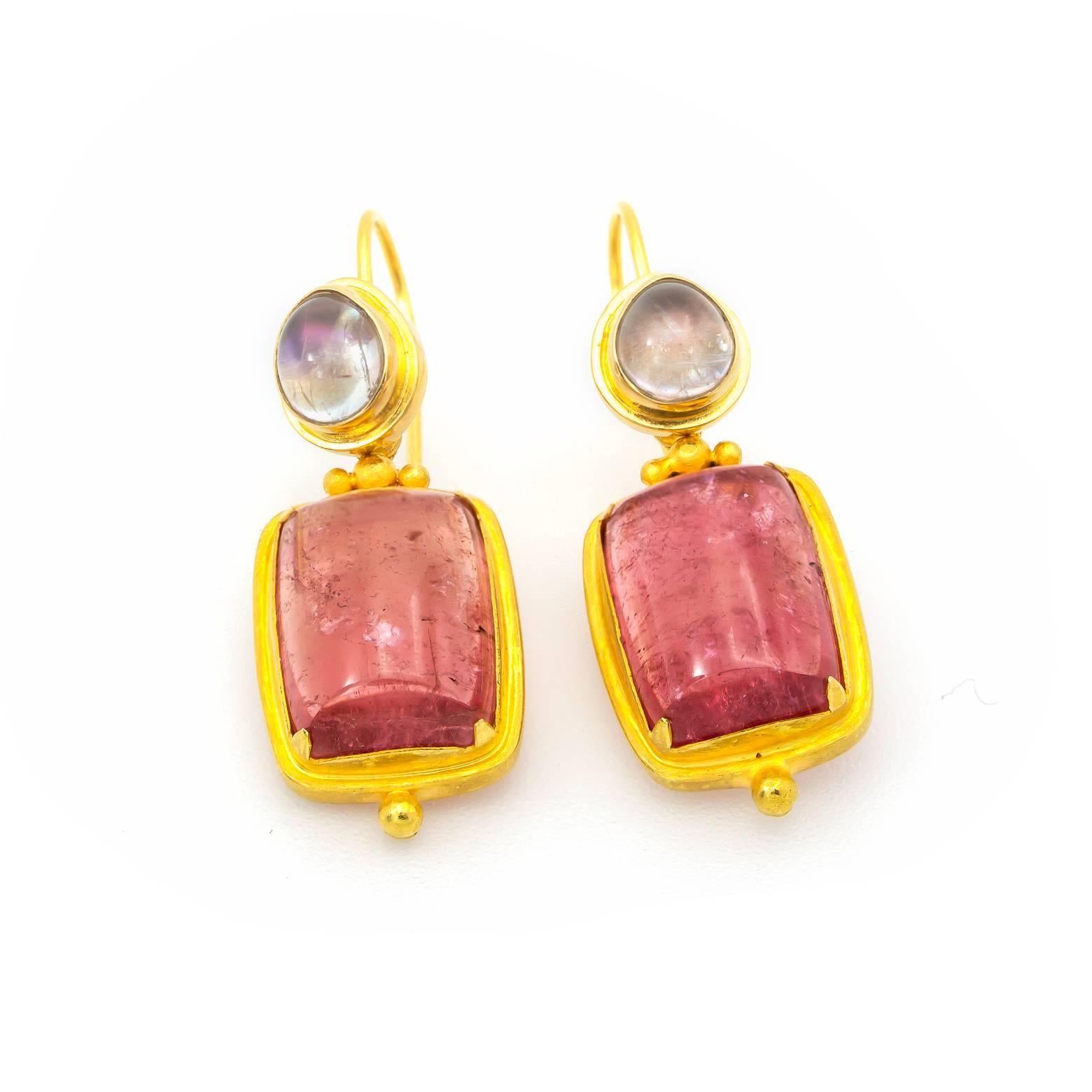Large Square Pink Tourmaline and Tear Moonstone Earrings in Yellow Gold In Excellent Condition In Berkeley, CA