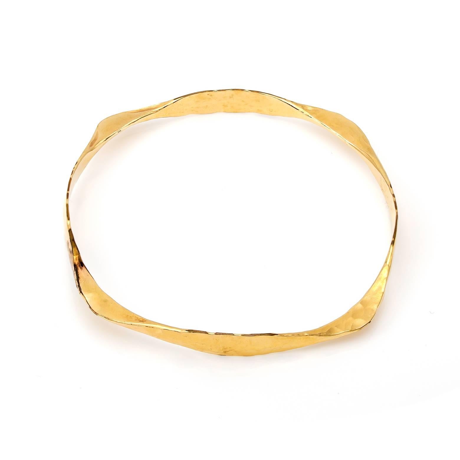 Modern Hammered 14k Gold Bangle in Twisted Yellow Gold