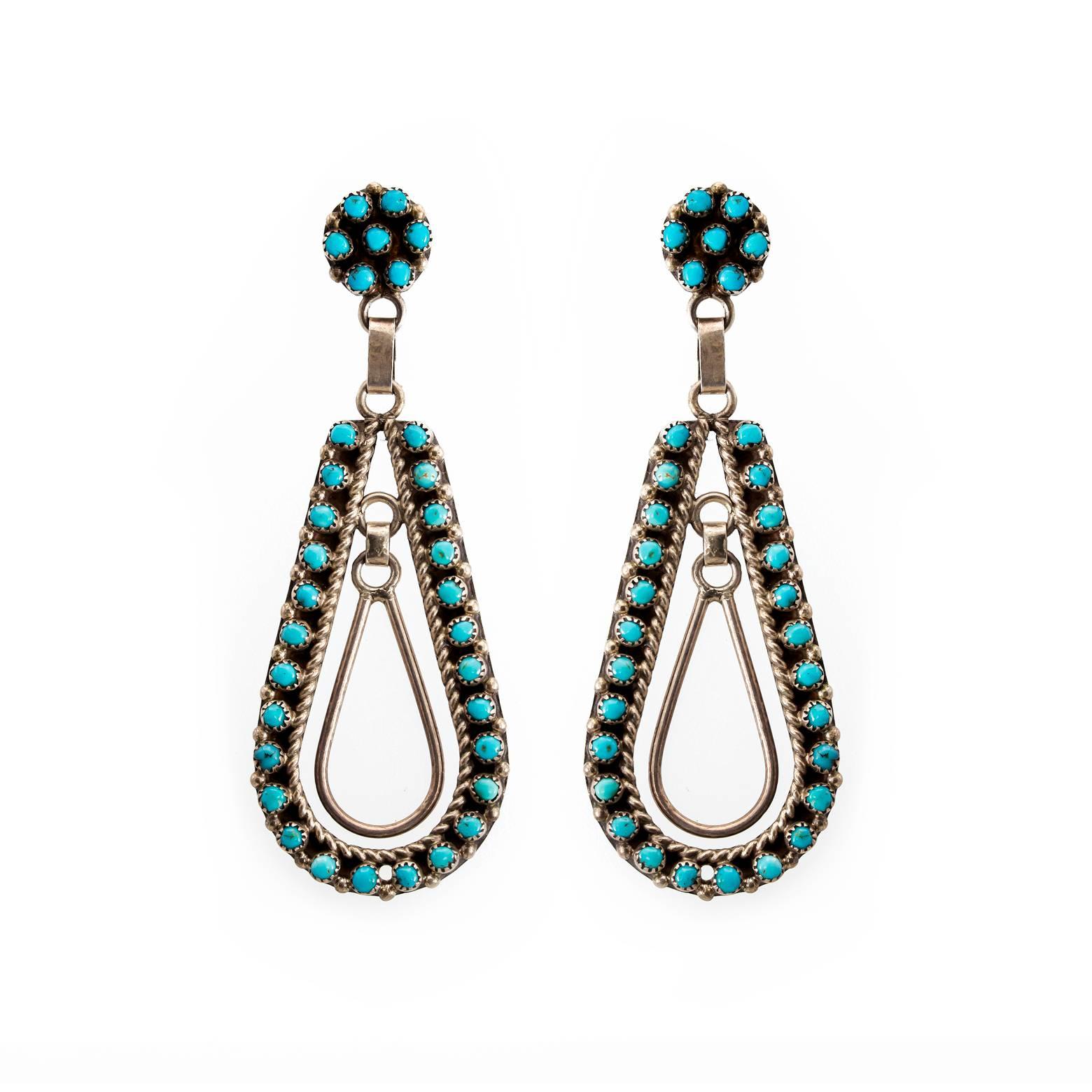 Turquoise and Sterling Silver Dangling Hoops with Post Backs