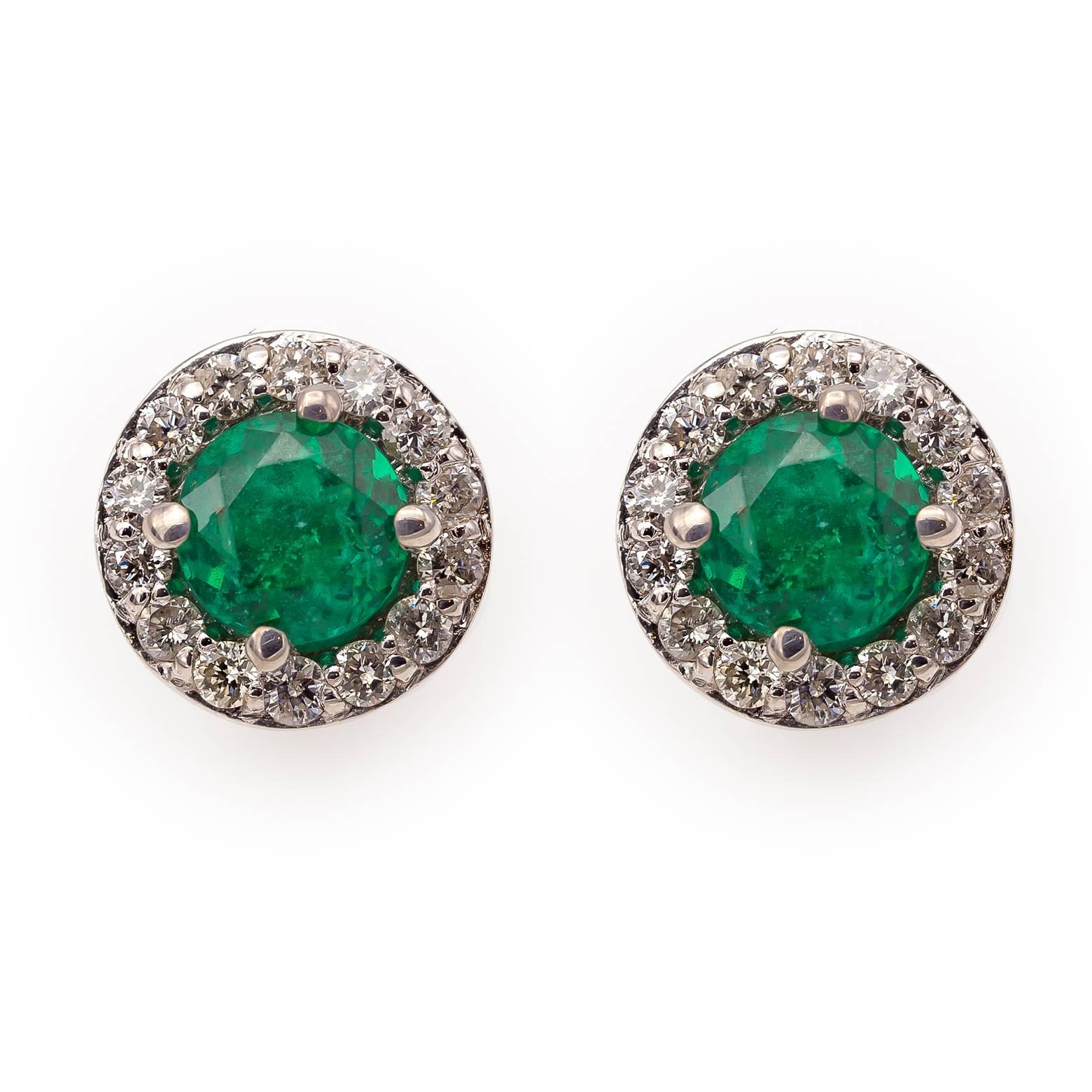 Modern Bright Green Emerald Earring with Diamond Halo 