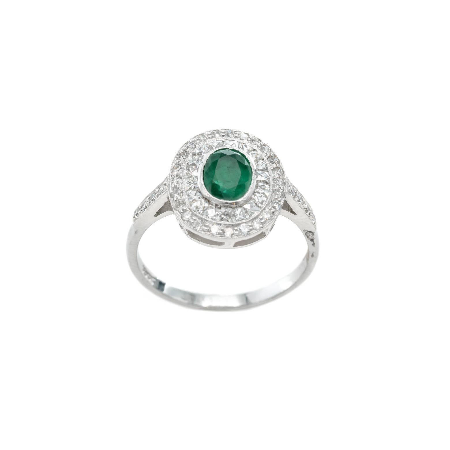 Oval Cut Art Deco Emerald Diamond Ring 18 Karat White Gold For Sale