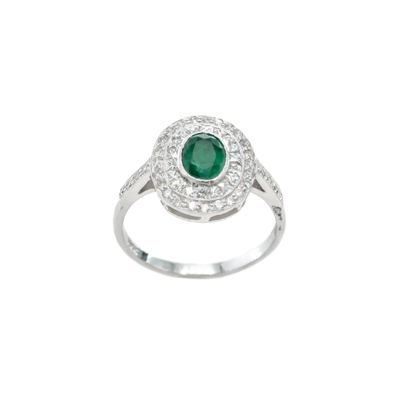 Oval Cut Art Deco Emerald Diamond Ring 18 Karat White Gold For Sale