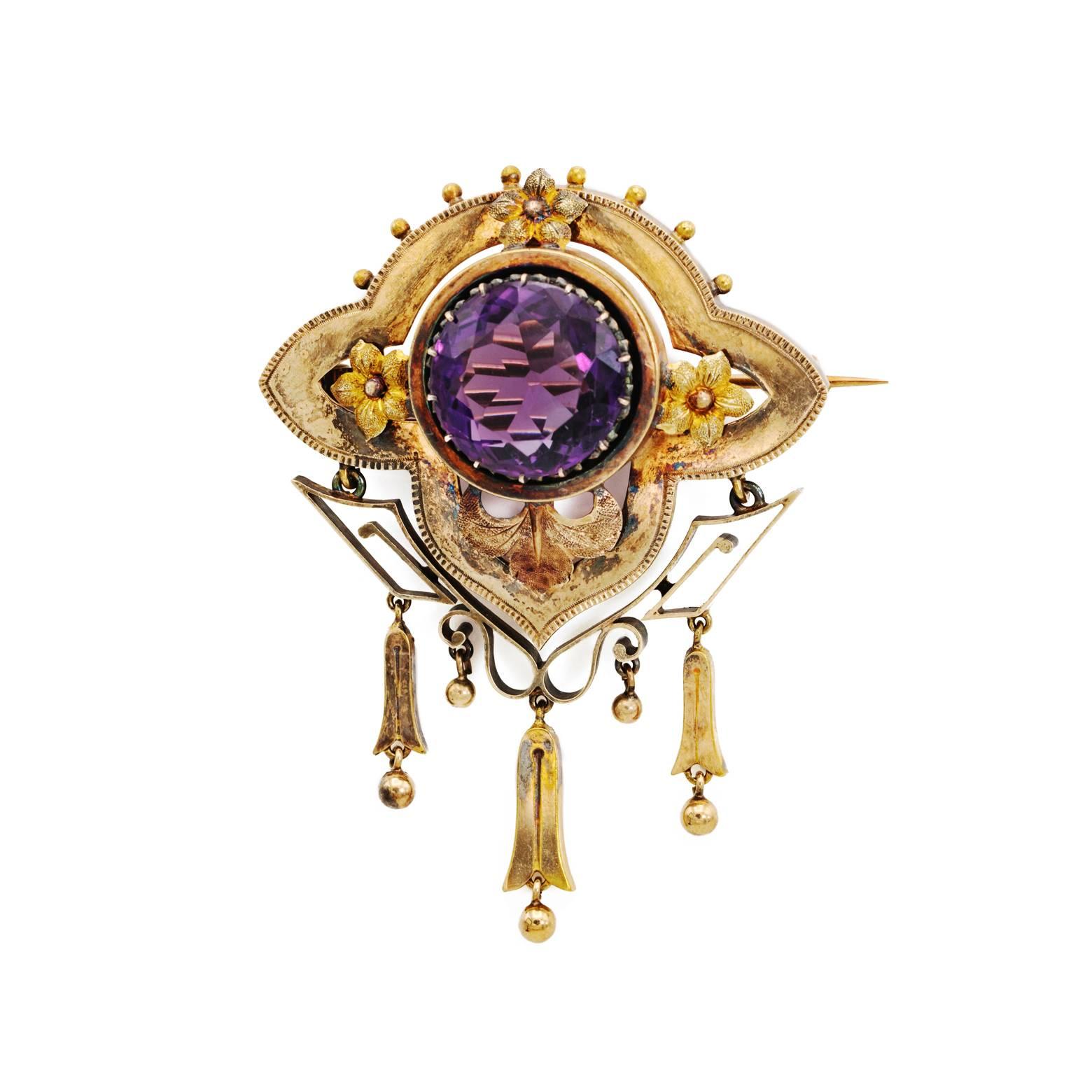 Victorian Amethyst and Rose Gold Brooch with Flowers and Tassels For Sale