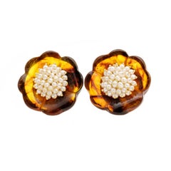 "Le Gi" Amber Flower Clip and Post Earrings in 18 Karat Gold with 74 Pearls