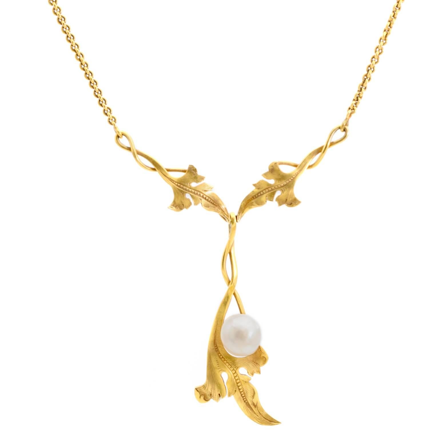 Antique Gold Necklace Art Nouveau Style Natural Pearl