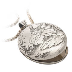 Sterling Silver English Locket Engraved with Crane Japonaiseir Style