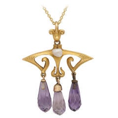 Amethyst and Pearl Drop Gold Pendant