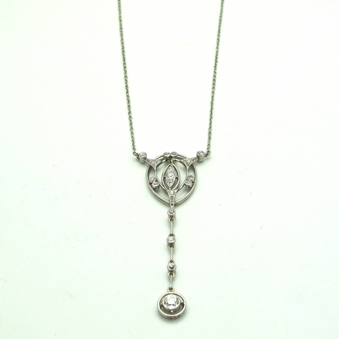 Art Deco Diamond Platinum Drop Necklace In Excellent Condition In Berkeley, CA