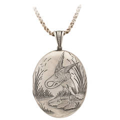 Sterling Silver  'Japonaiserie' Style Crane Locket on Rope Chain