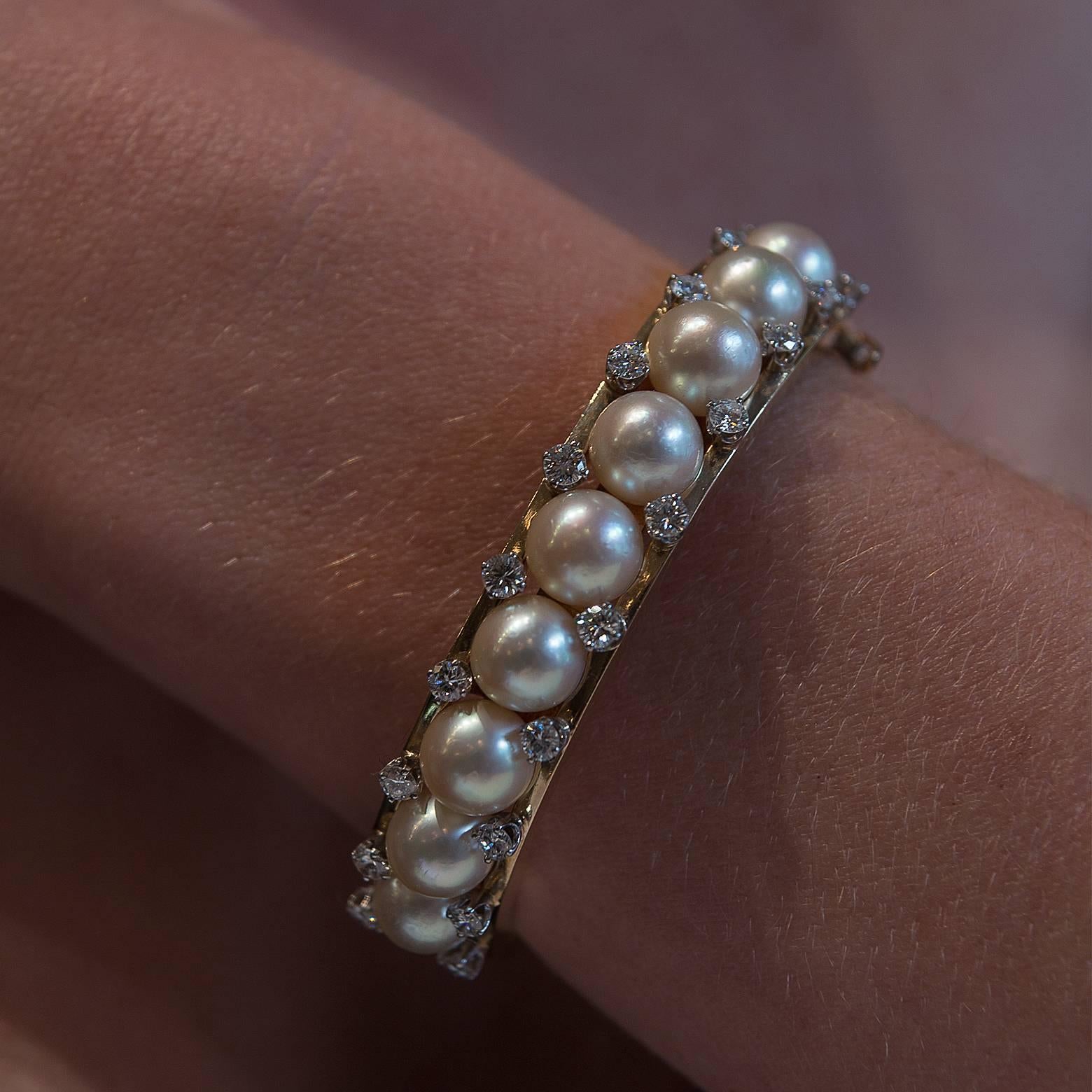 1950's Pearl and Diamond Gold Bangle Bracelet In Excellent Condition For Sale In Berkeley, CA