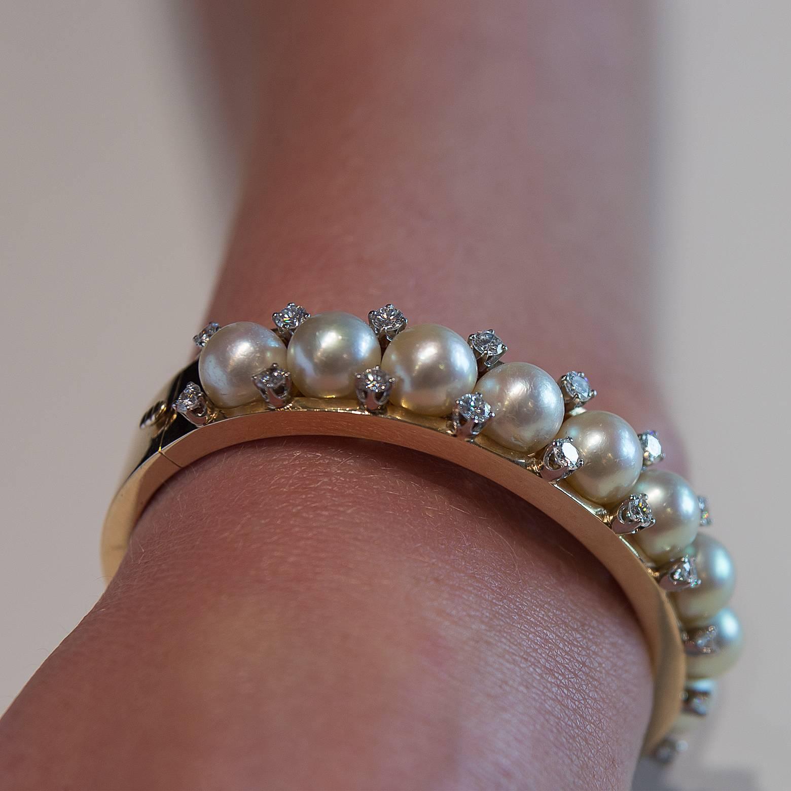 Women's 1950's Pearl and Diamond Gold Bangle Bracelet For Sale