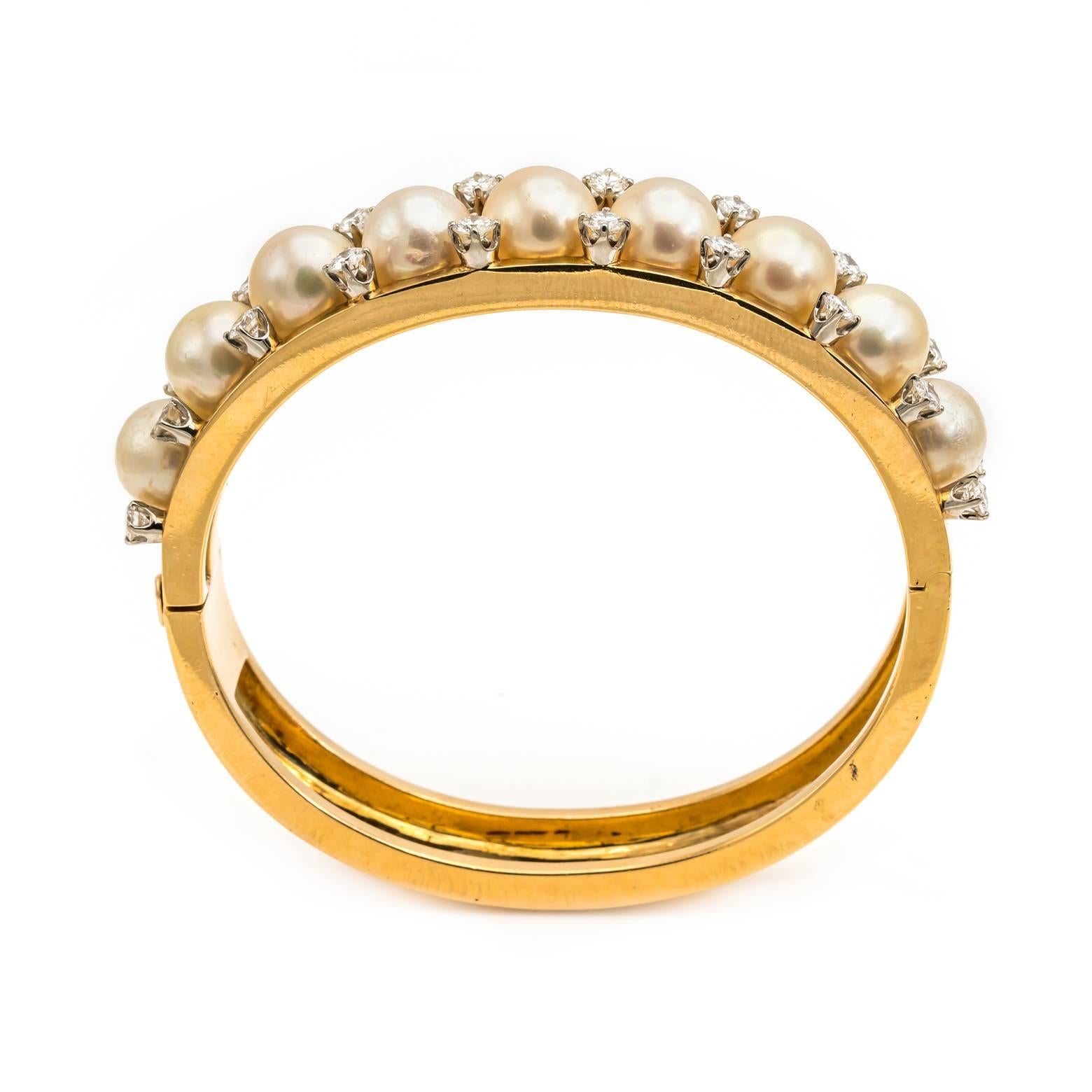 Round Cut 1950's Pearl and Diamond Gold Bangle Bracelet For Sale