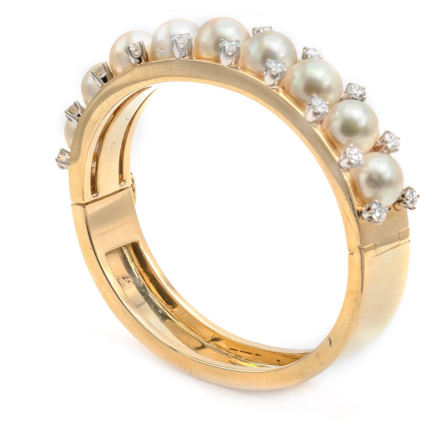 Modernist 1950's Pearl and Diamond Gold Bangle Bracelet For Sale