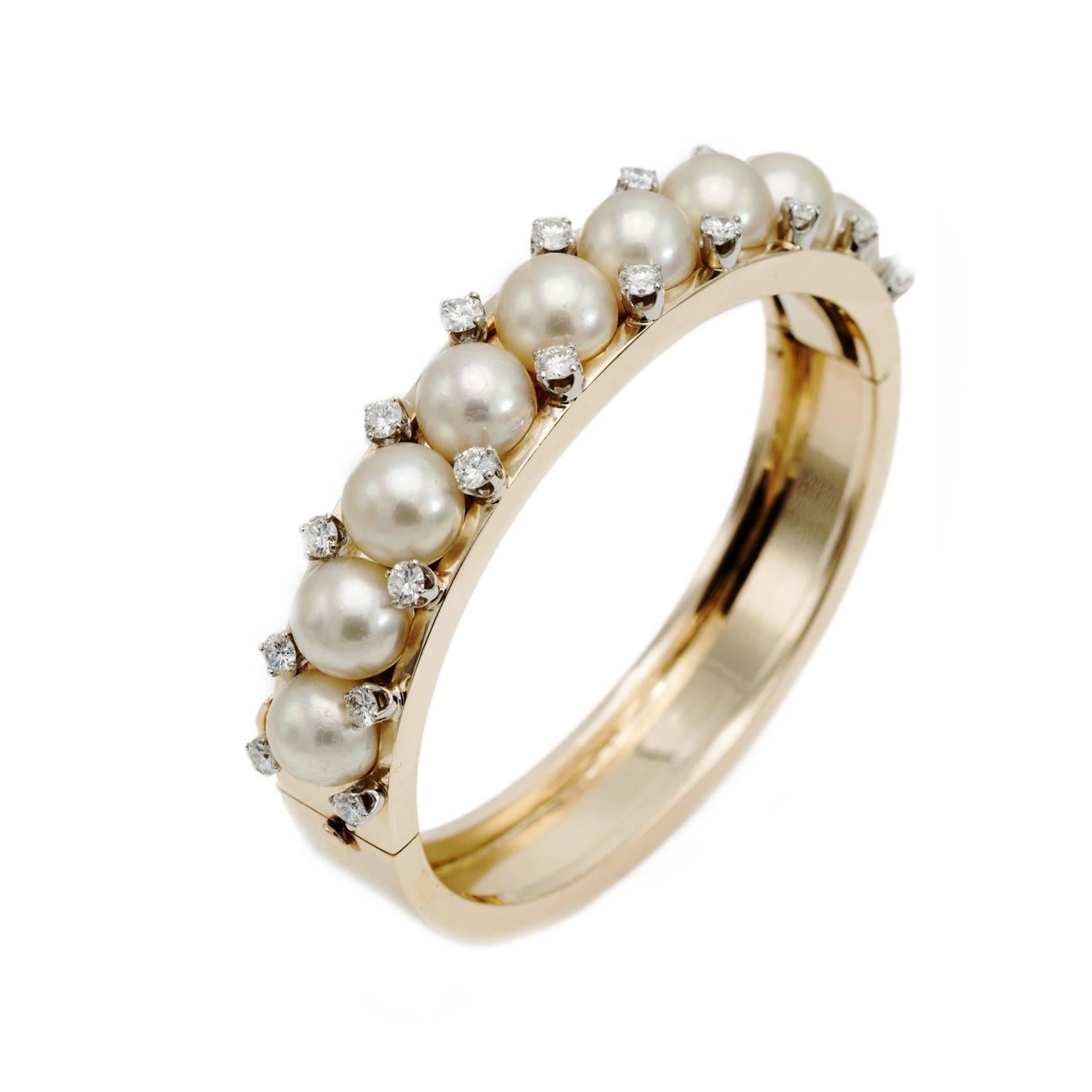 1950's Pearl and Diamond Gold Bangle Bracelet For Sale 1