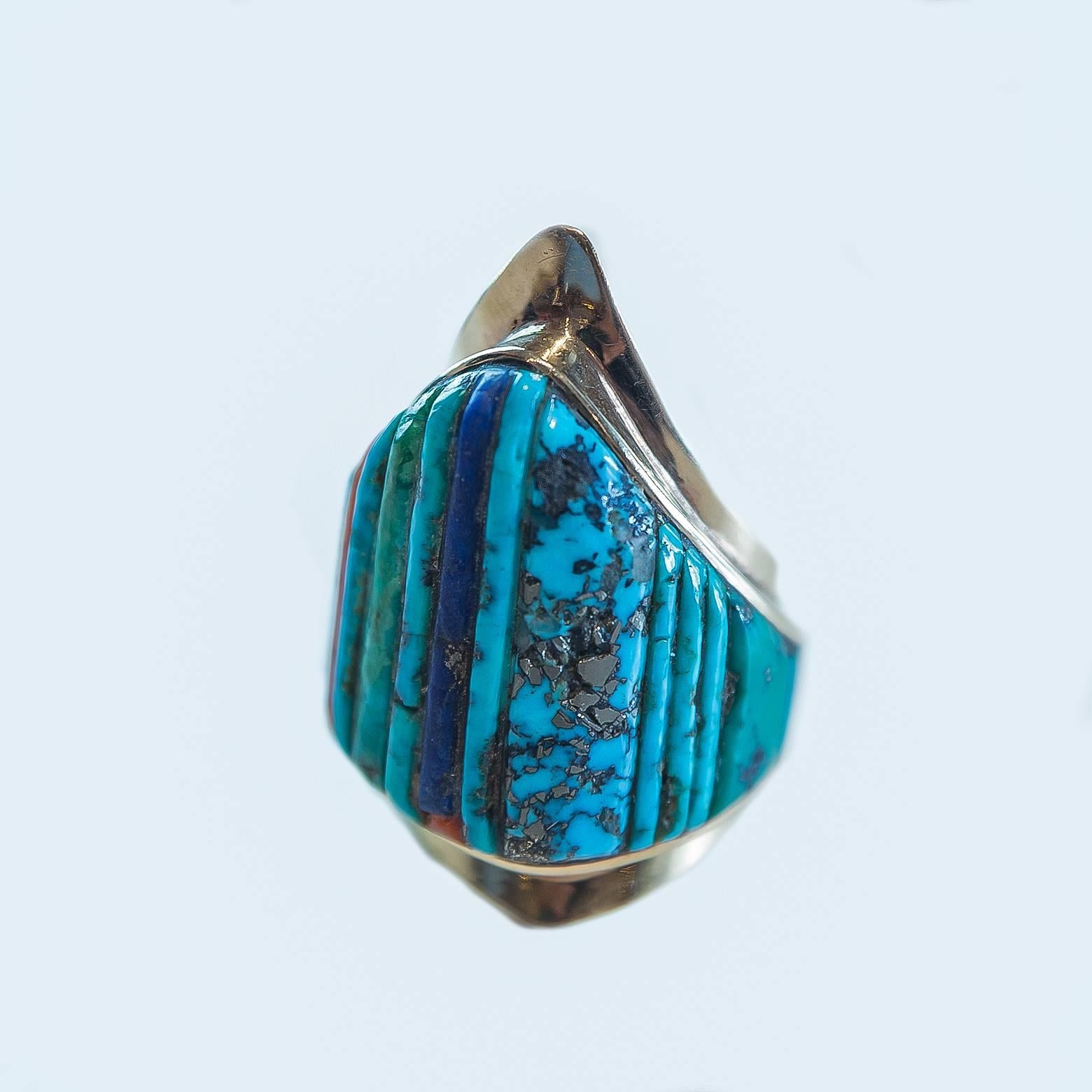 Native American Charles Loloma Inlaid Turquoise Gold Ring
