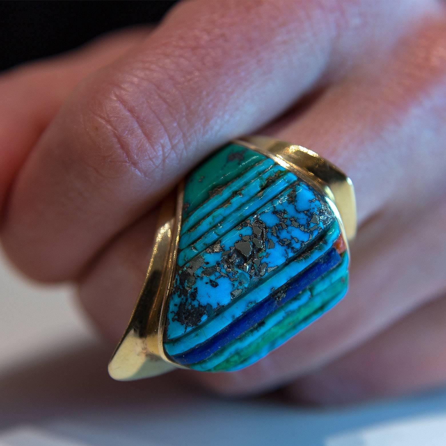 Charles Loloma Inlaid Turquoise Gold Ring In Excellent Condition In Berkeley, CA