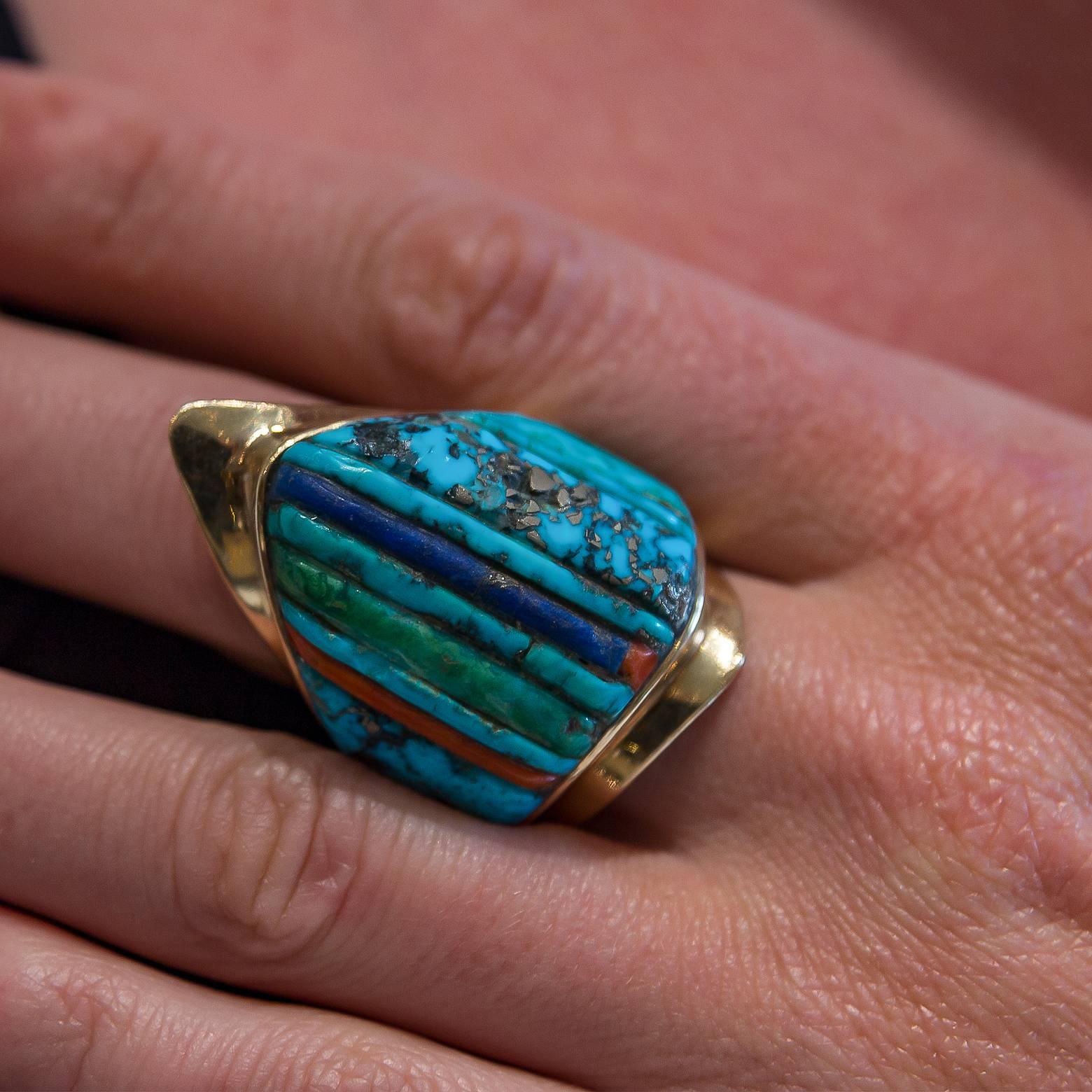 Women's or Men's Charles Loloma Inlaid Turquoise Gold Ring