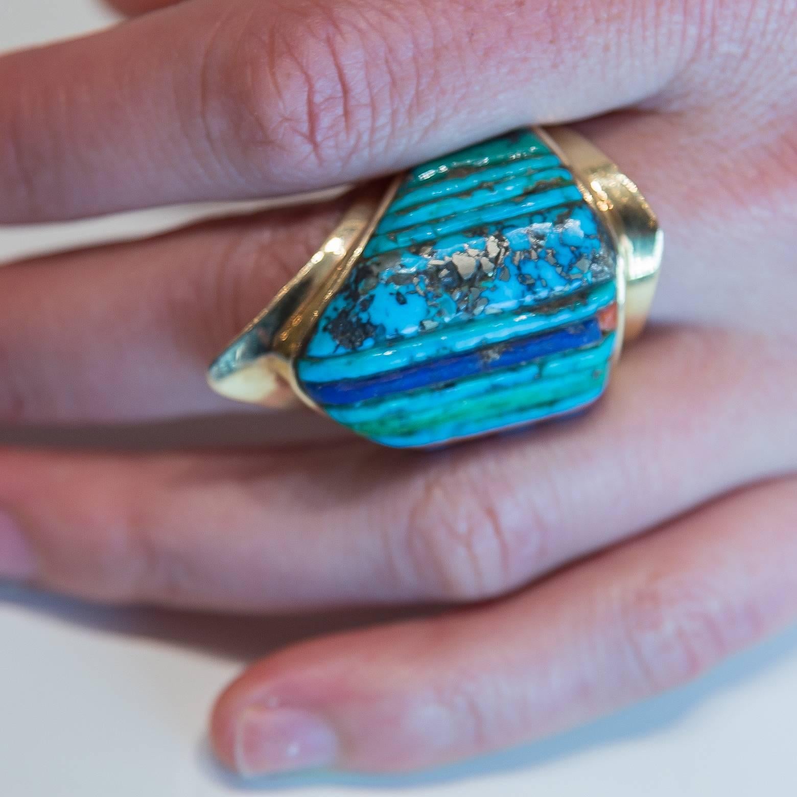 Charles Loloma Inlaid Turquoise Gold Ring 1
