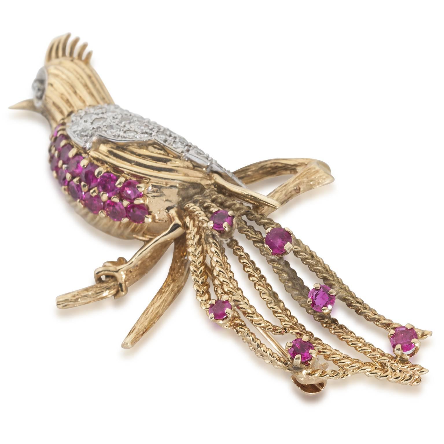 Long, luxurious and vintage, this ruby, diamond, and gold brooch pin has diamond eyes and ruby feathers. Sparkles galore with woven feathers incredible detail work. 
In the trend of all the animal nature from the 1960's inspired by the famous