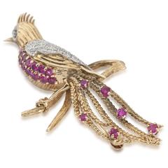 Brooch 14k Gold Peacock Bird Antique Ruby and Diamond 1960