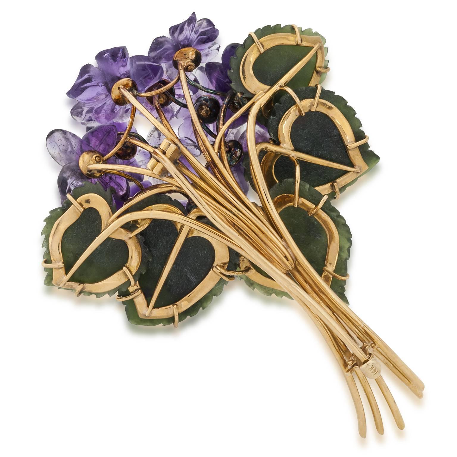 Romantic Jade Amethyst Diamond Gold Floral Pin