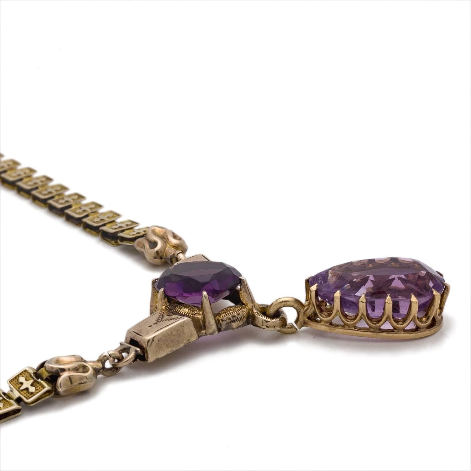 This beautiful Victorian necklace is the perfect necklace to wear. The delicate engraving is perfectly complimented by the beautifully faceted amethysts. 
