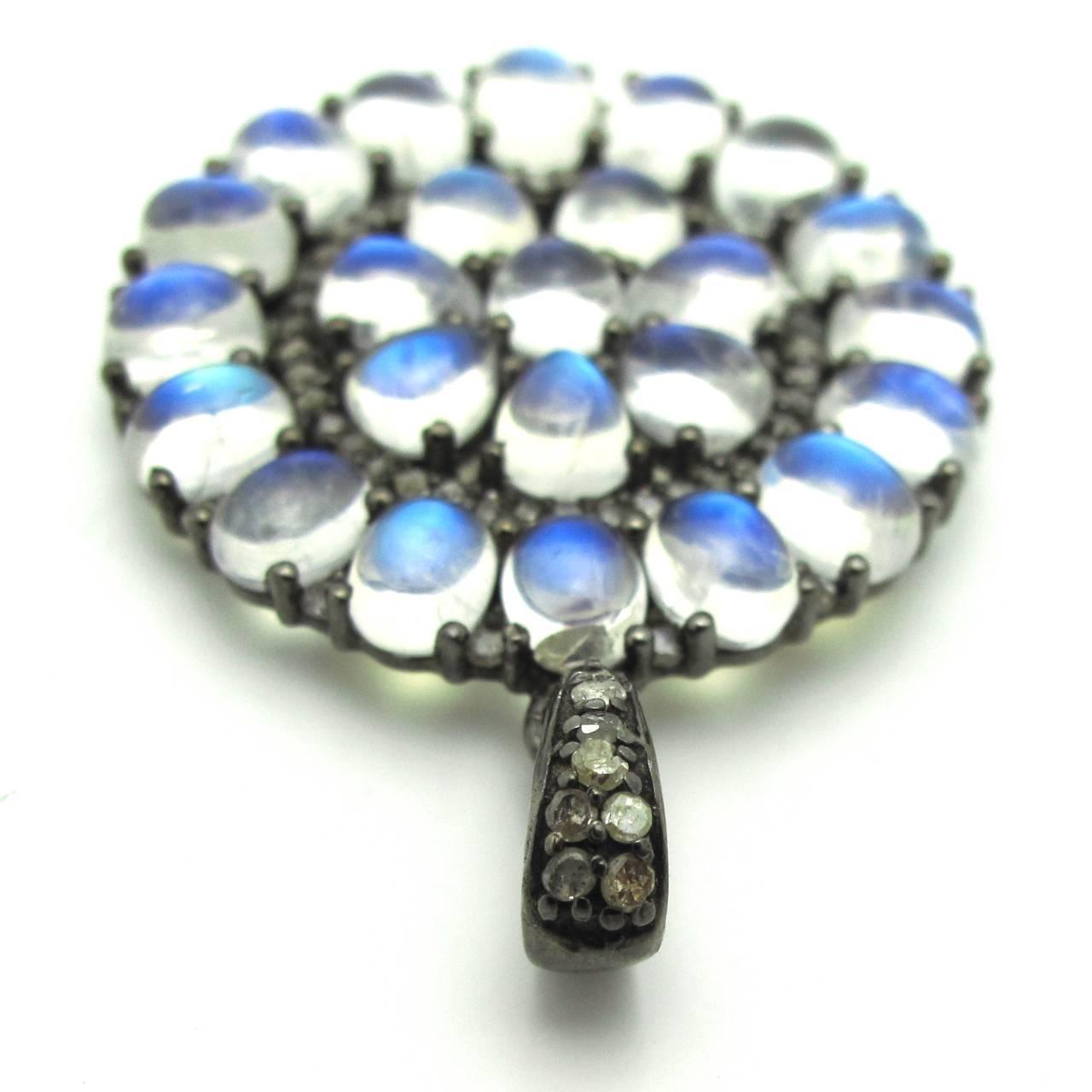 Modern Moonstone Oxidized Sterling Silver Pendant with Rose-Cut Diamond Bale