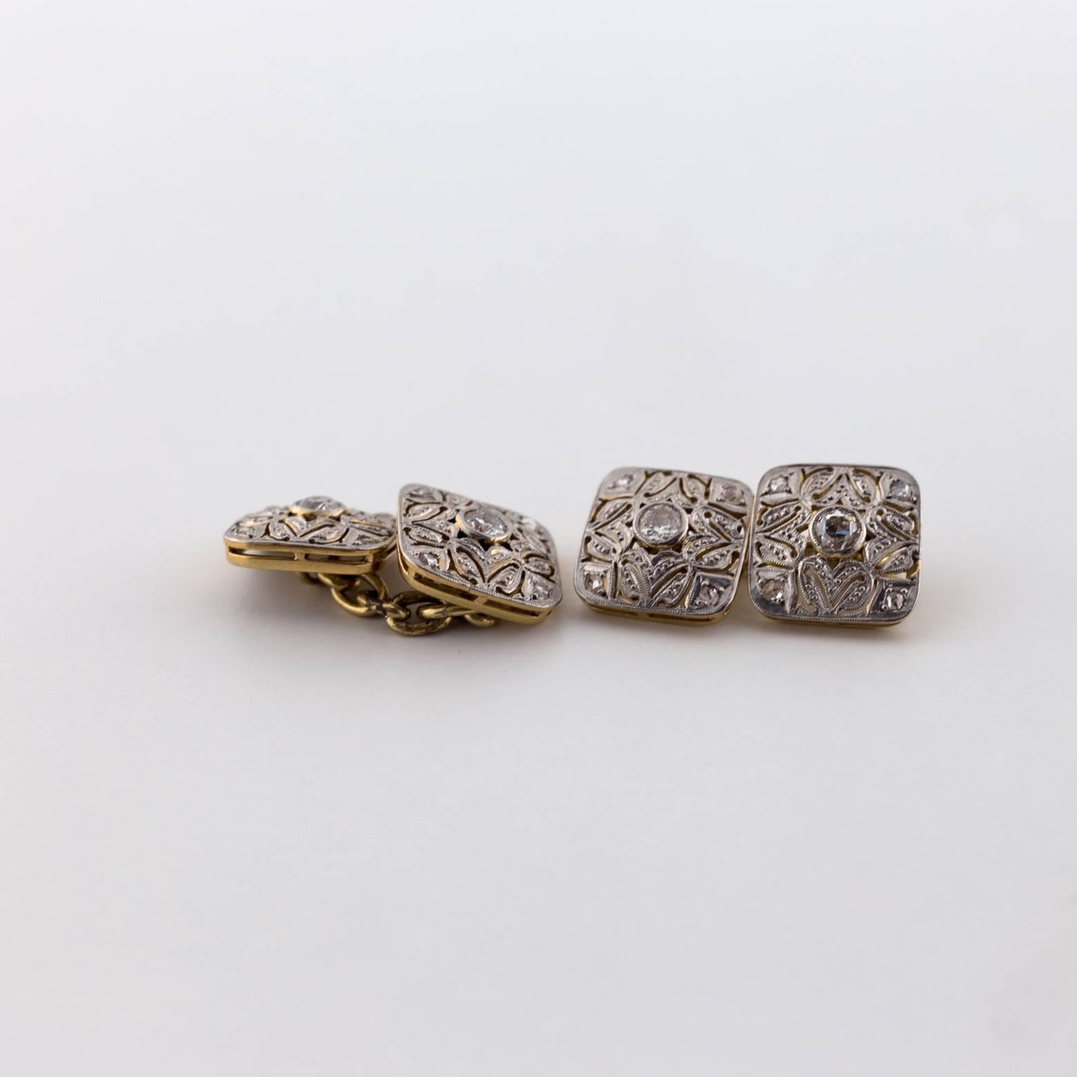  Manschettenknöpfe aus Weiß- und Gelbgold mit Diamanten im Art déco-Stil Herren im Angebot