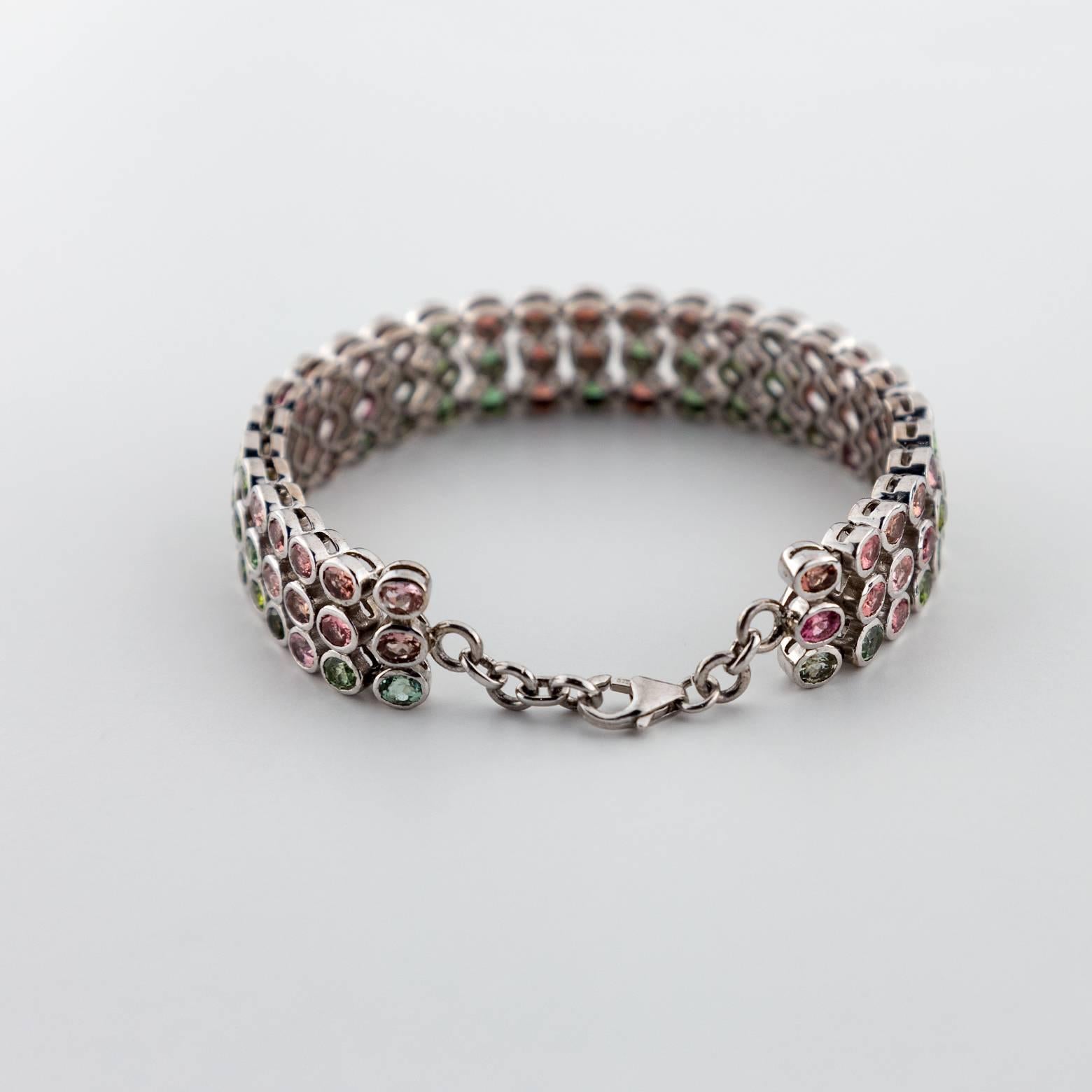 Modern Multicolored Tourmaline Sterling Silver Chain Link Bracelet
