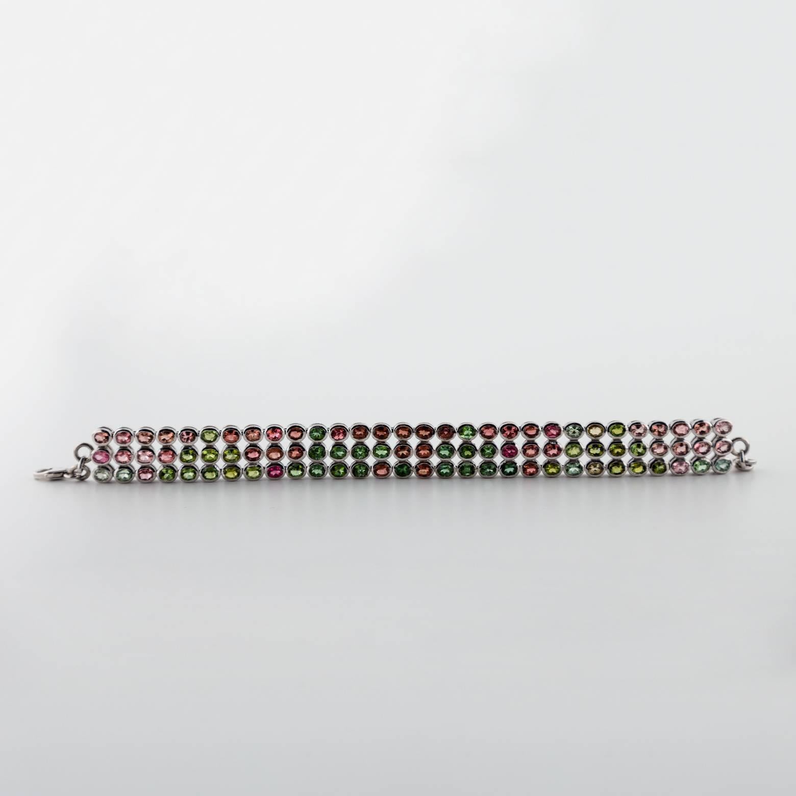 Multicolored Tourmaline Sterling Silver Chain Link Bracelet In Excellent Condition In Berkeley, CA