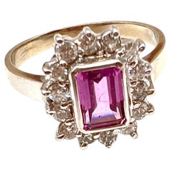Pink Sapphire Emerald Cut 1 Carat Surrounded with Diamonds in White Gold Ring