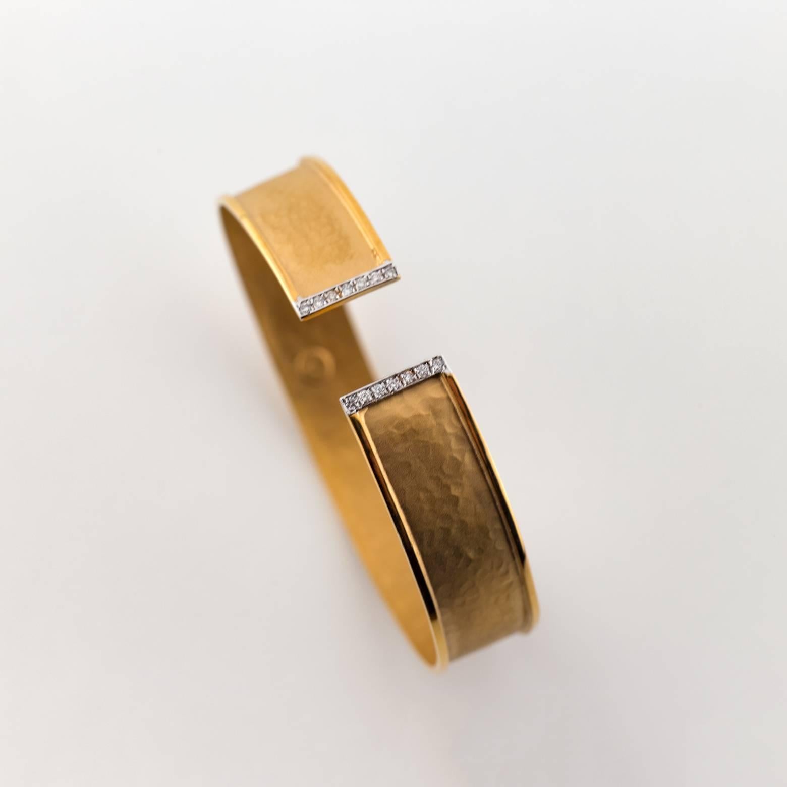 Women's Diamond Gold Hammered and Satin Flex Cuff Bracelet 