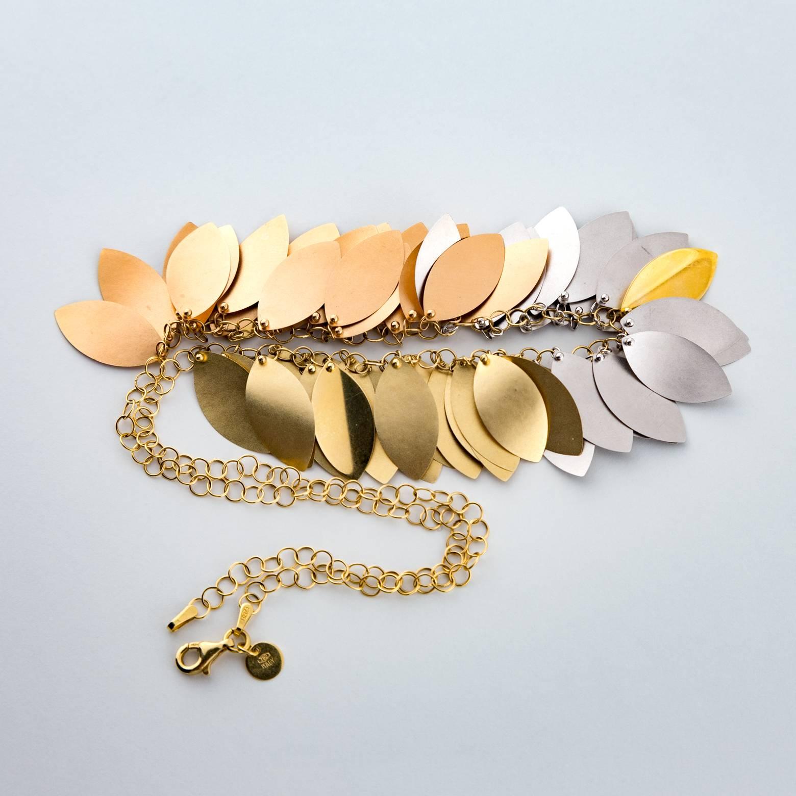 Modern Italian Three-Color Gold Leaf Necklace