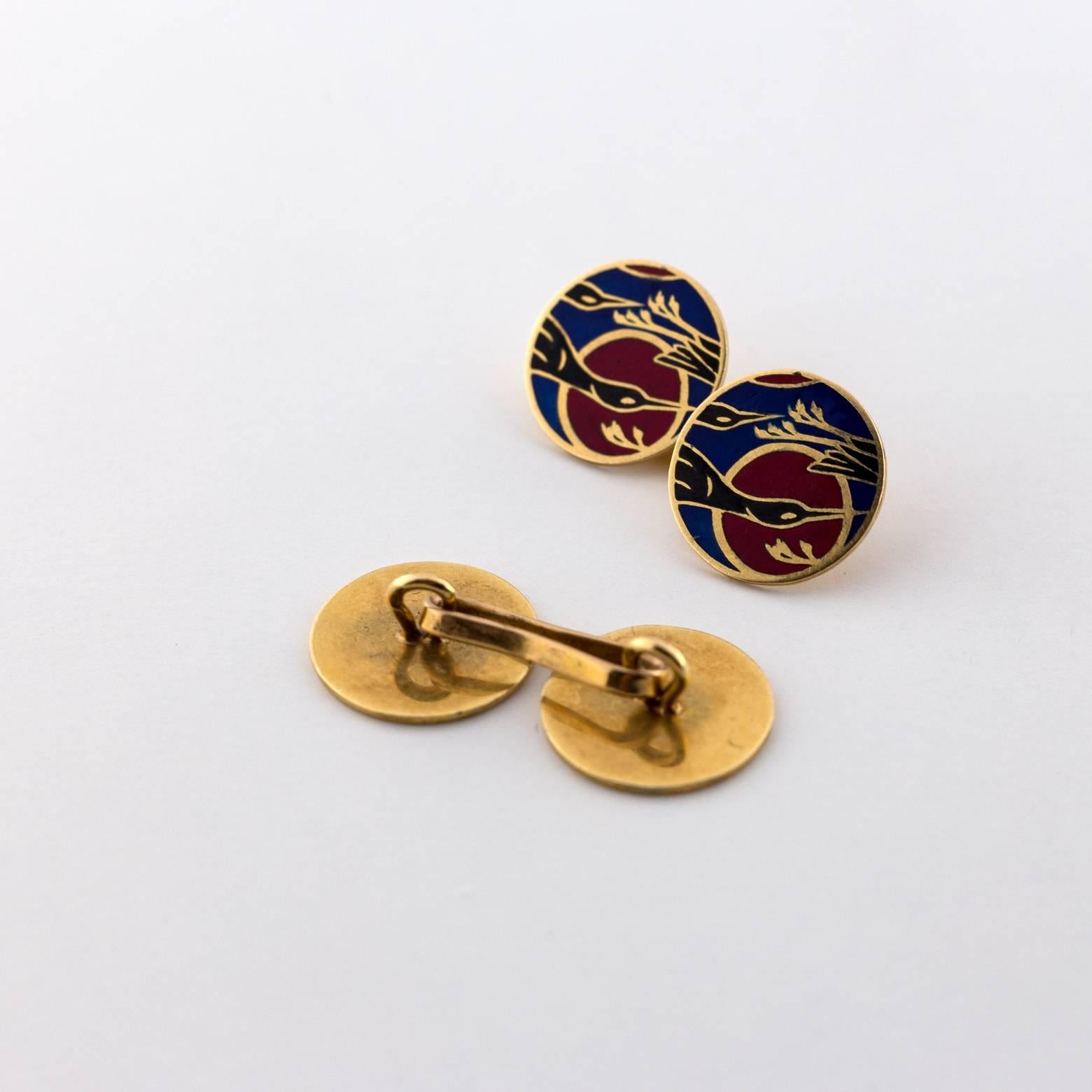 Art Deco French 18 Karat Yellow Gold Cufflinks with Enamel Cranes in Blue, Black and Red