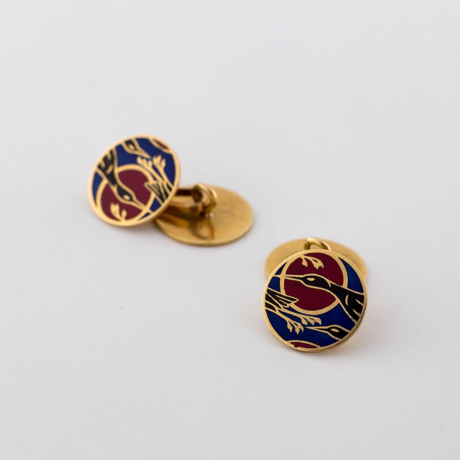 French 18 Karat Yellow Gold Cufflinks with Enamel Cranes in Blue, Black and Red In Excellent Condition In Berkeley, CA