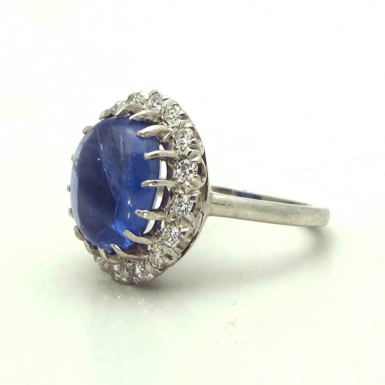 Blue Cabochon Sapphire Diamond Platinum Cluster Ring For Sale at 1stDibs