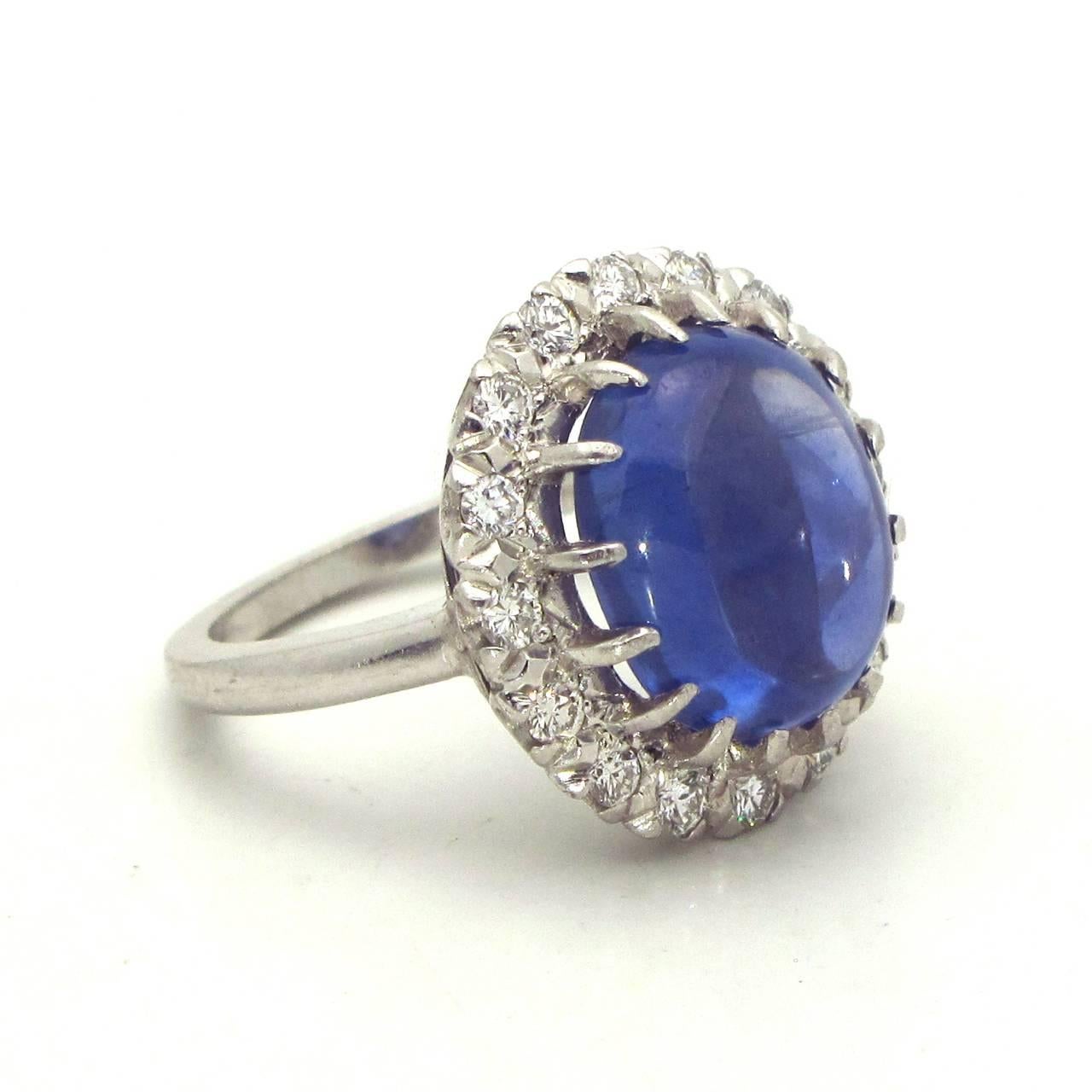 Women's Blue Cabochon Sapphire Diamond Platinum Cluster Ring For Sale