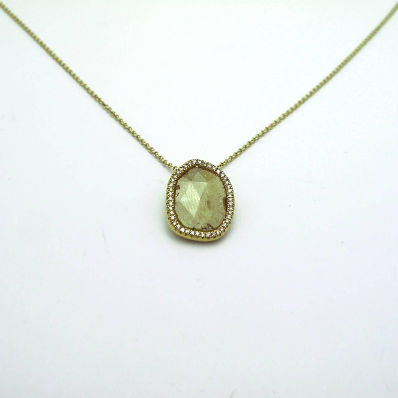 Diamond Gold Slice Pendant with Diamond Bezel on Gold Chain In Excellent Condition In Berkeley, CA