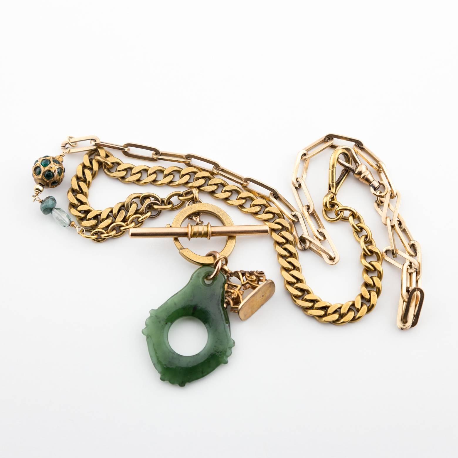 Art Deco Green Jade Tourmaline Gold-Filled Multilayered Fob Chain Necklace