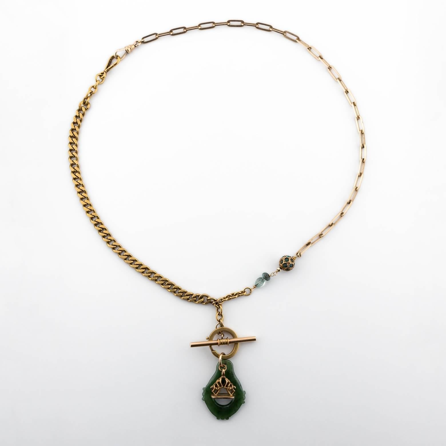 Green Jade Tourmaline Gold-Filled Multilayered Fob Chain Necklace In Excellent Condition In Berkeley, CA