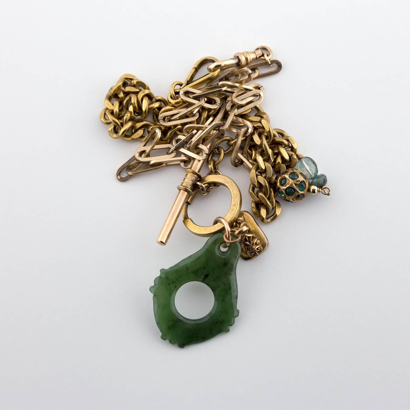 Women's Green Jade Tourmaline Gold-Filled Multilayered Fob Chain Necklace