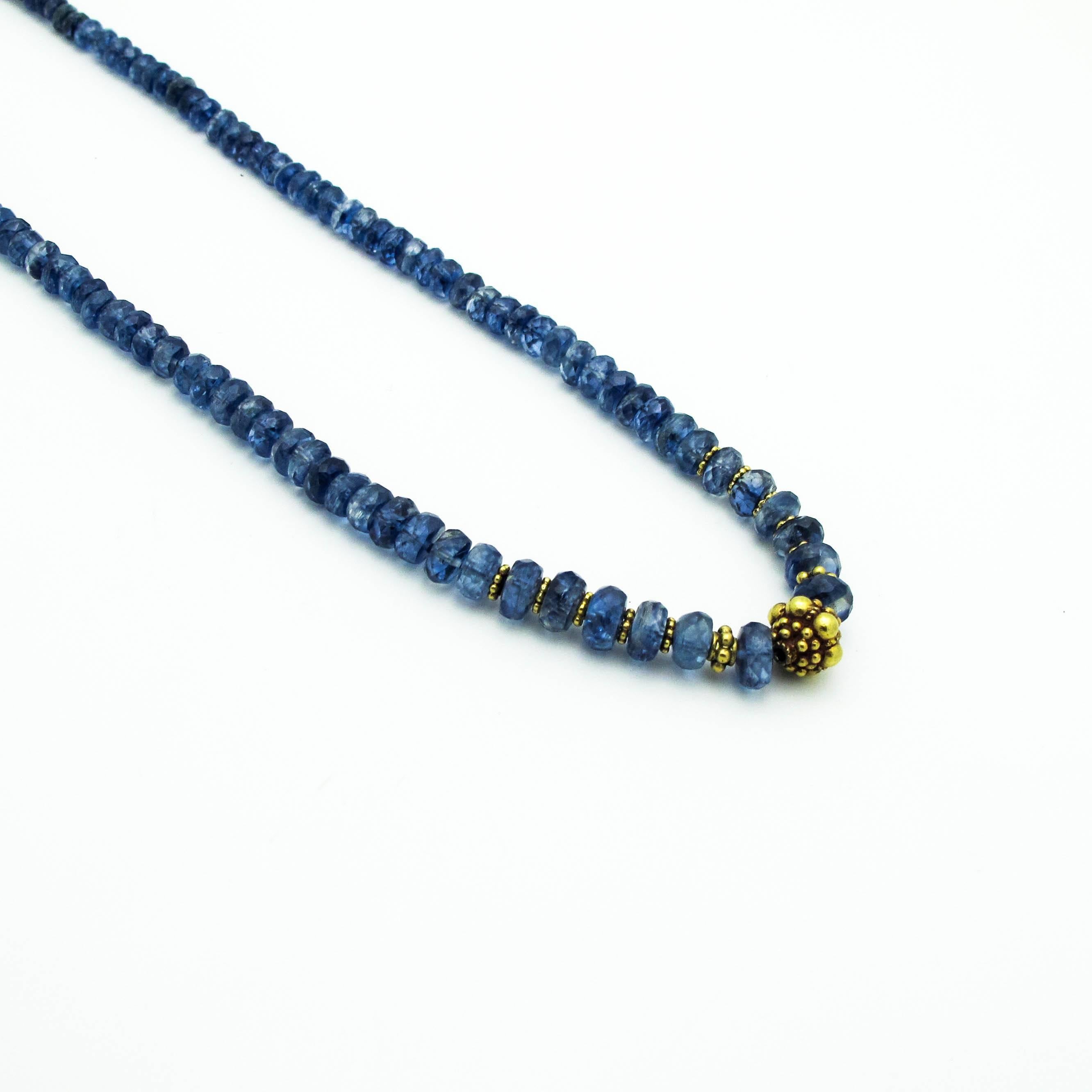 Beautiful deep watery blue kyanite faceted beads with glistening 18k spacers. Adjustable length and graduated beads. Looks great worn alone or layered with other pieces. A simple yet elegant design great for everyday use or special occasion.