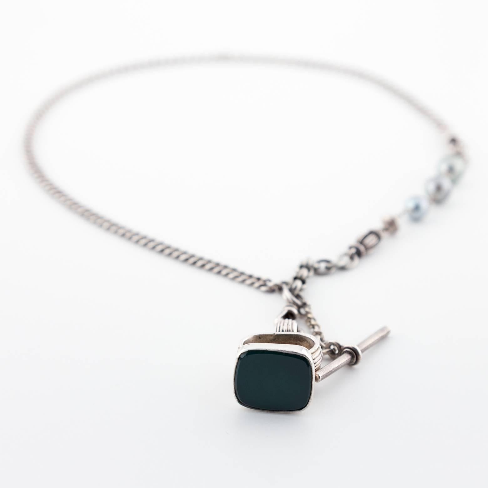 Art Deco Sterling and Jade Watch Fob Necklace with Tahitian Pearls