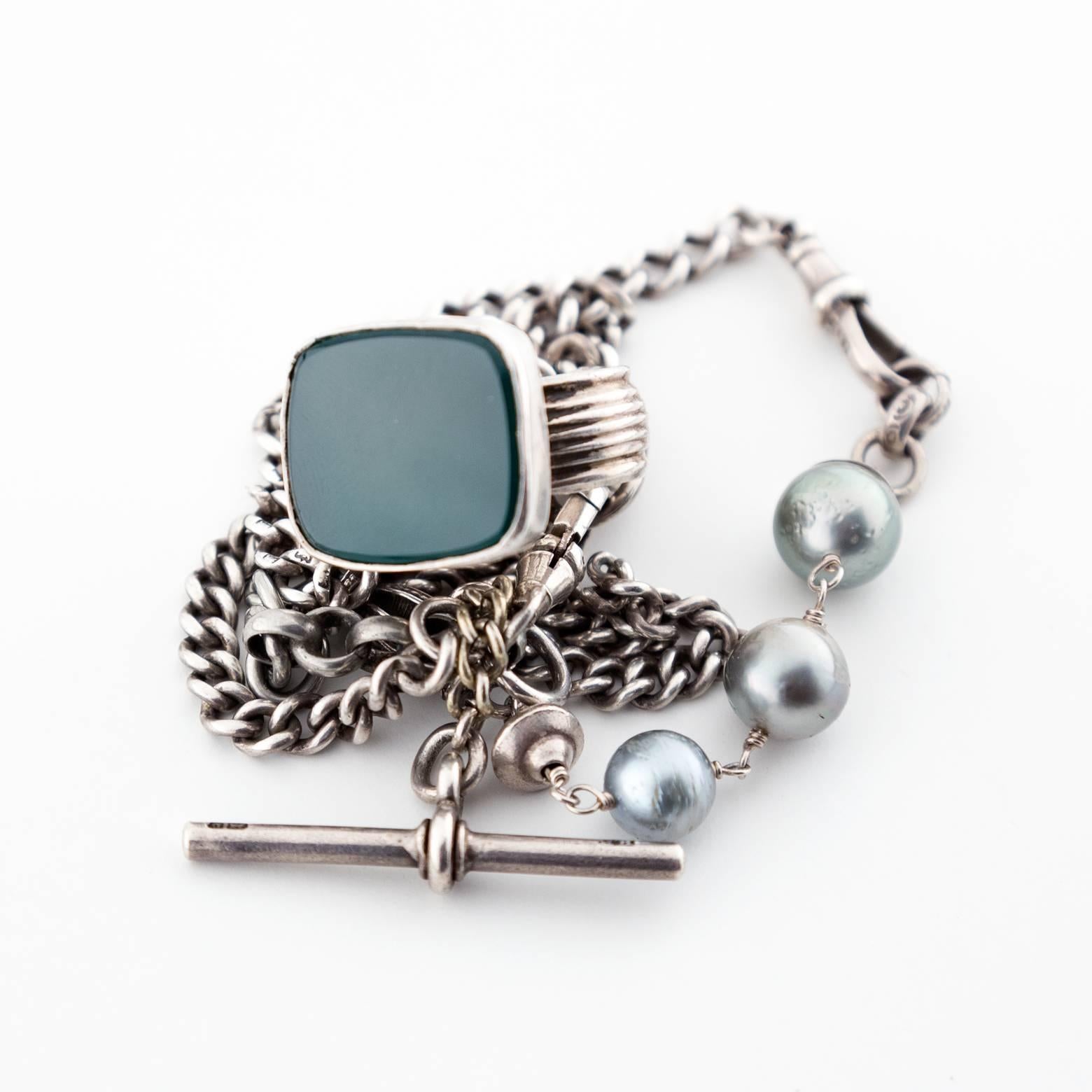 Women's or Men's Sterling and Jade Watch Fob Necklace with Tahitian Pearls